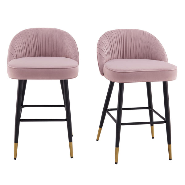 Miyae Set of 2 Pleated Pale Pink Velvet Upholstered Counter Stools