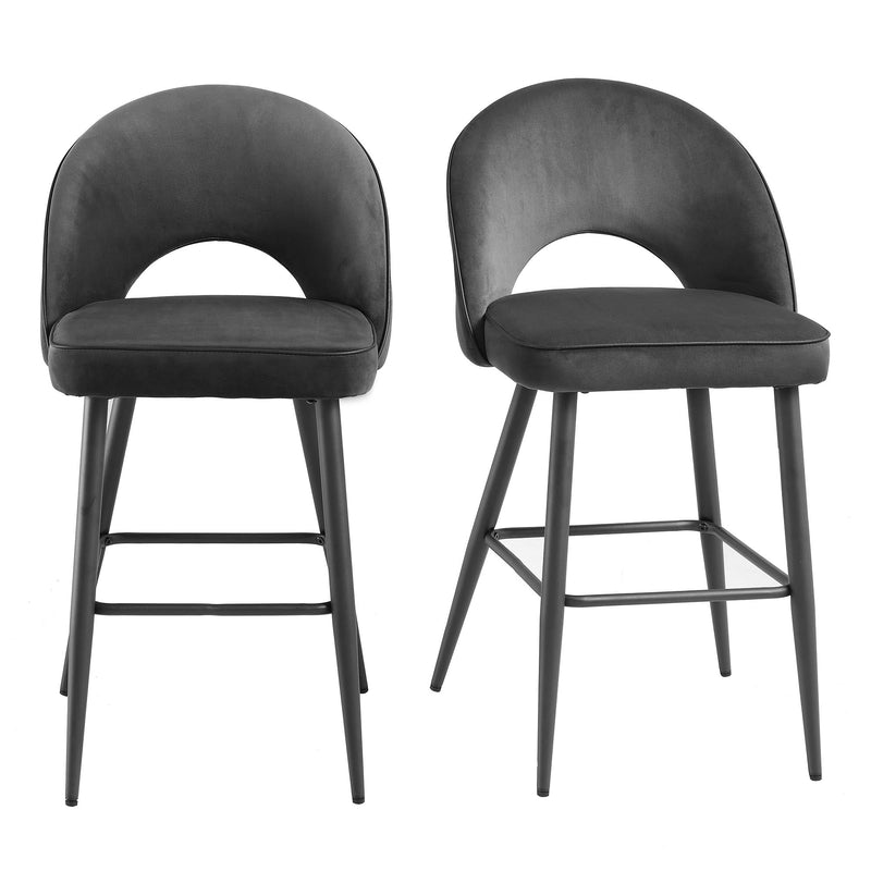 Oakley Set of 2 Dark Gray Velvet Upholstered Counter Stools with Contrast Piping