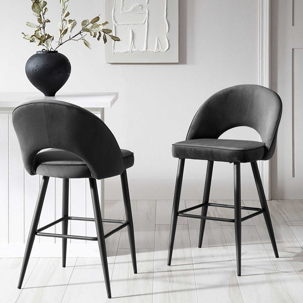 Oakley Set of 2 Dark Gray Velvet Upholstered Counter Stools with Contrast Piping