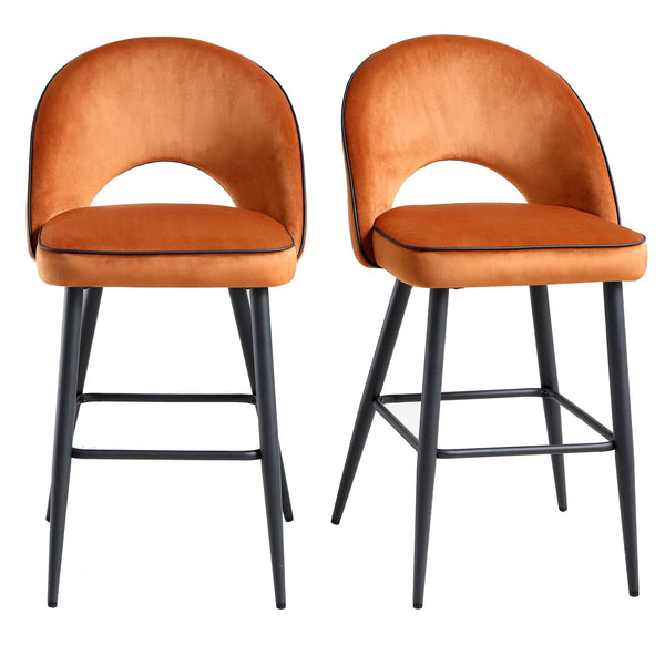 Oakley Set of 2 Orange Velvet Upholstered Counter Stools with Contrast Piping