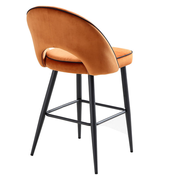 Oakley Set of 2 Orange Velvet Upholstered Counter Stools with Contrast Piping