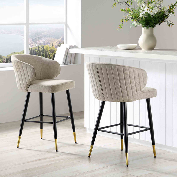 Langham Set of 2 Oatmeal Woven Fabric Upholstered Carver Counter Stools