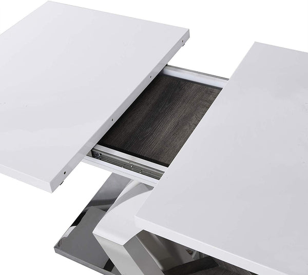 BASEL High Gloss White Extendable 6 to 8 Seater Dining Table with Stainless Steel Base