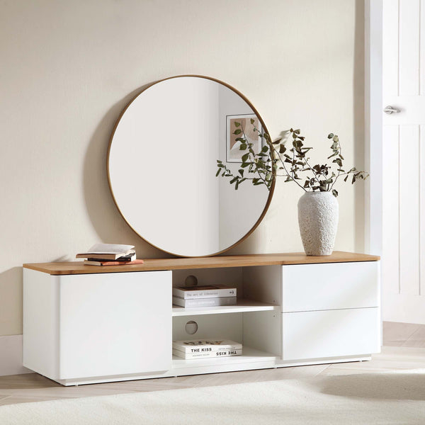 Agnes Curved Edge 59in. Wide TV Unit, Off White with Oak Top
