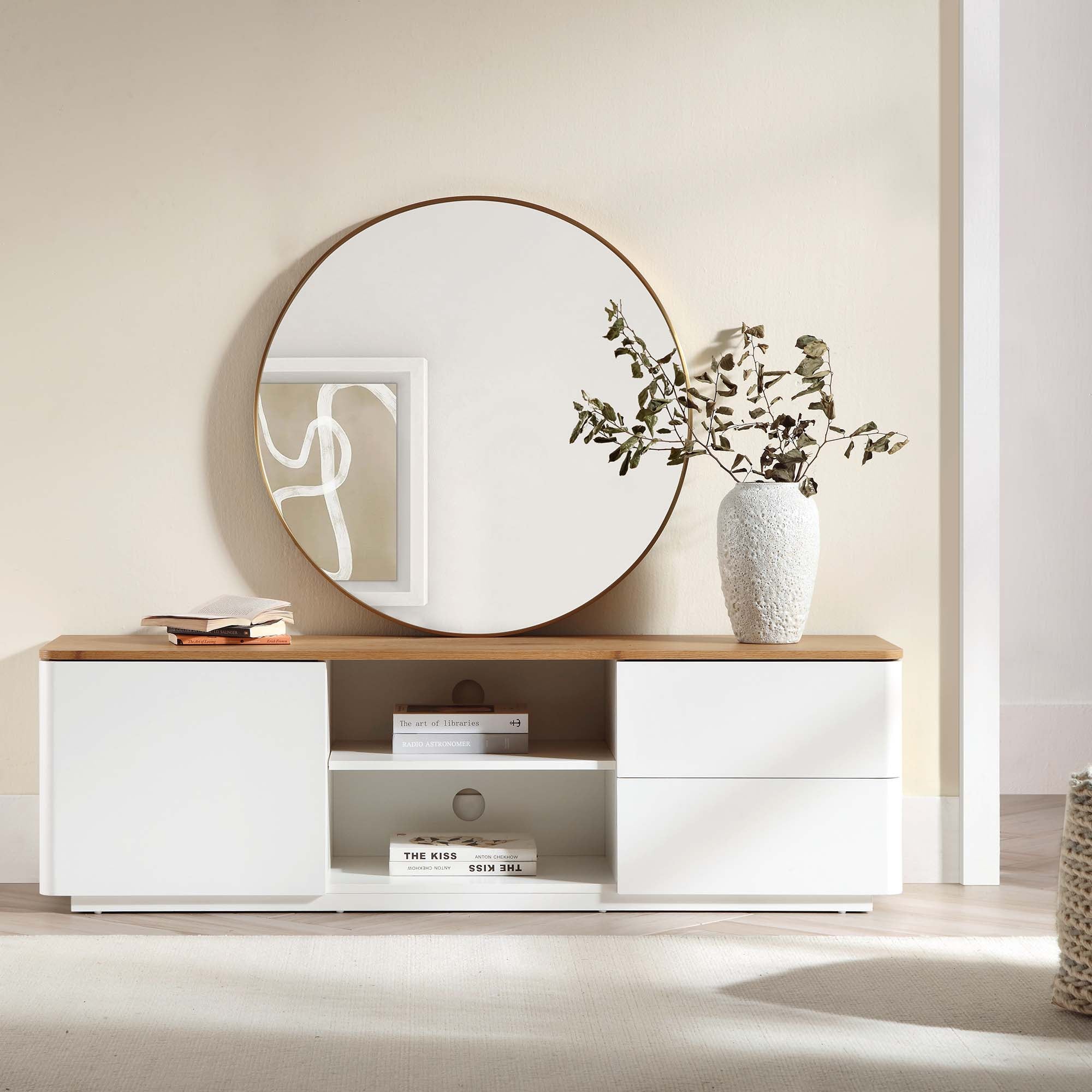 Agnes Curved Edge 59in. Wide TV Unit, Off White with Oak Top
