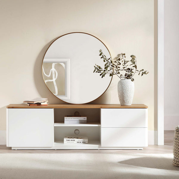 Agnes Curved Edge 59in. Wide TV Unit, Off White with Oak Top