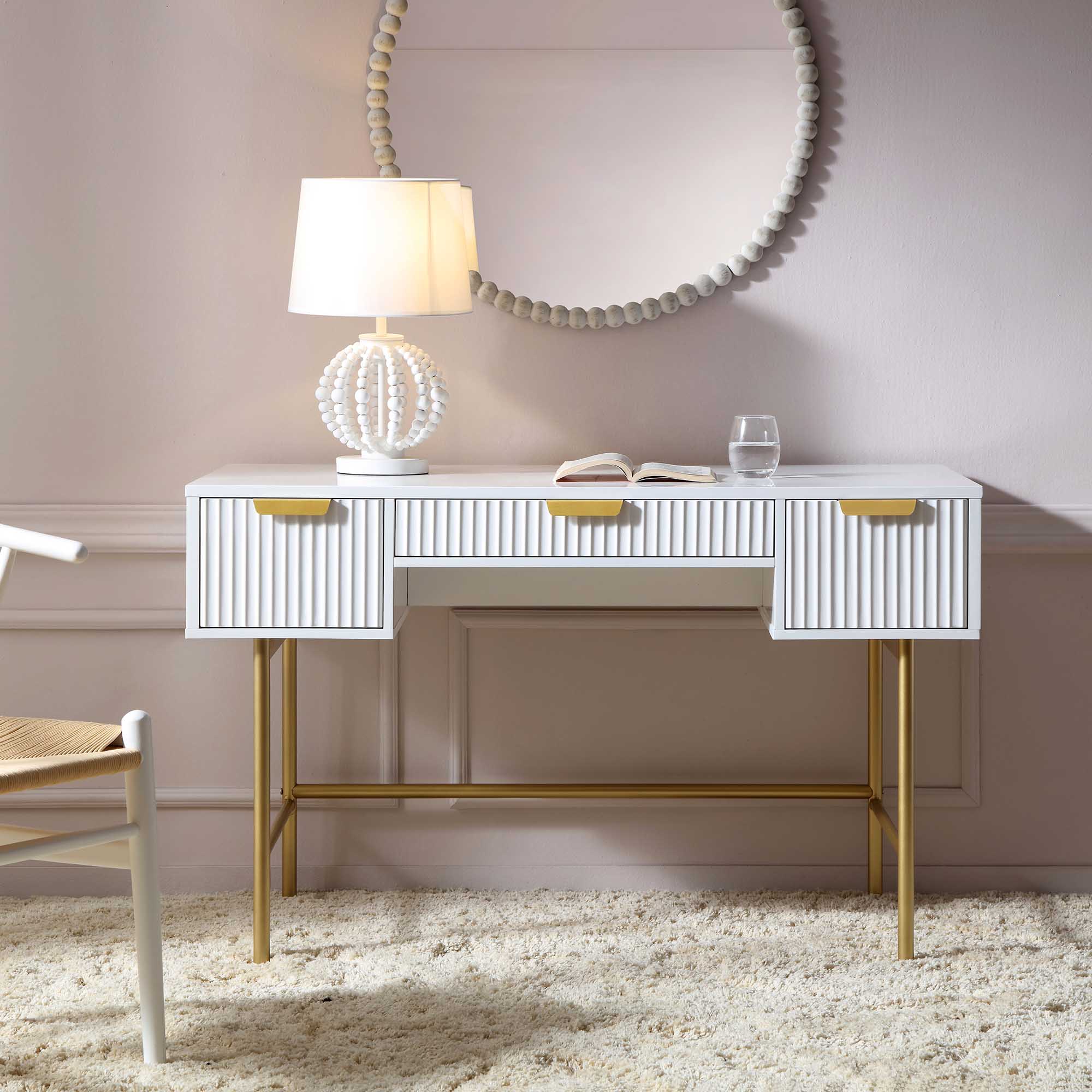 dressing table gold legs Vanity Desk with Removable Mirror and Cross Metal Legs, White and Gold