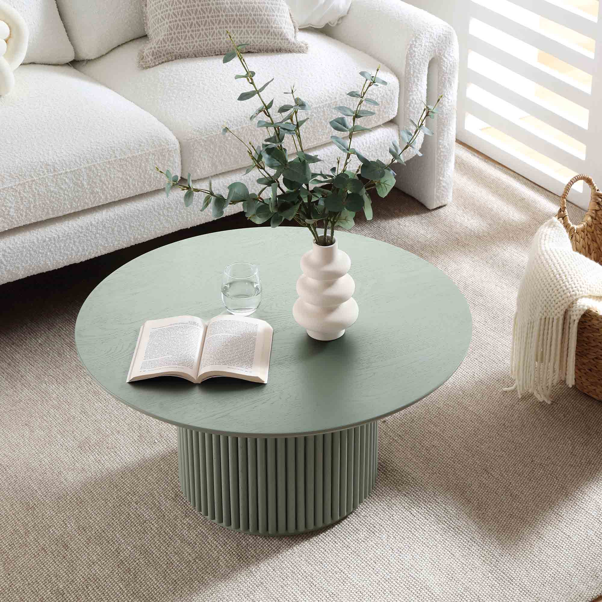 Maru Round Oak Pedestal Coffee Table, Sage Green | daals.com