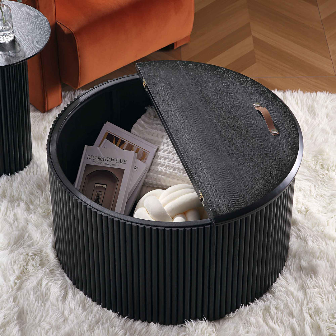 Maru Oak Round Coffee Table with Storage, Black | daals.com