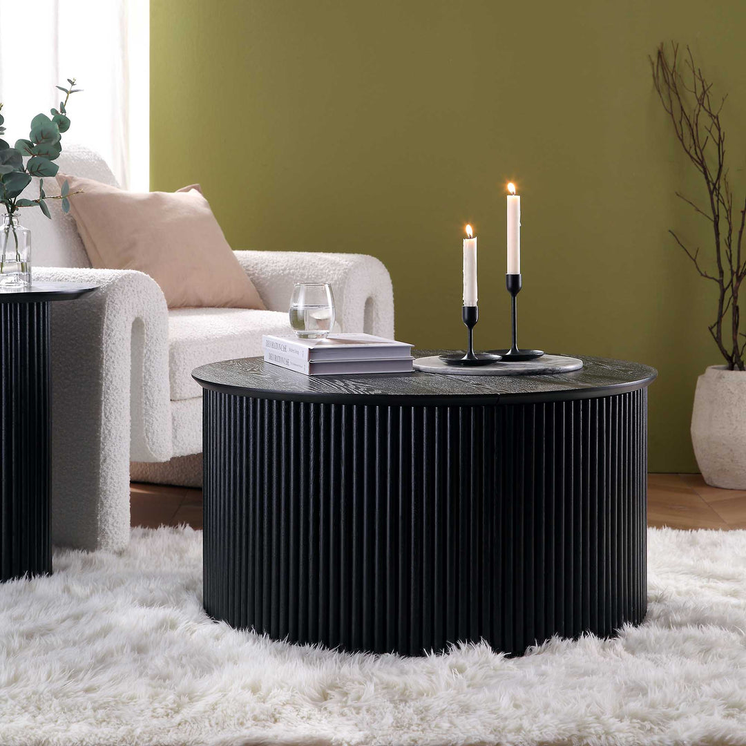 Round Black Oak Coffee Table With Storage Jarel