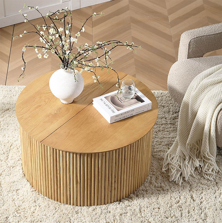 Maru Oak Round Coffee Table with Storage, Oak | daals.com