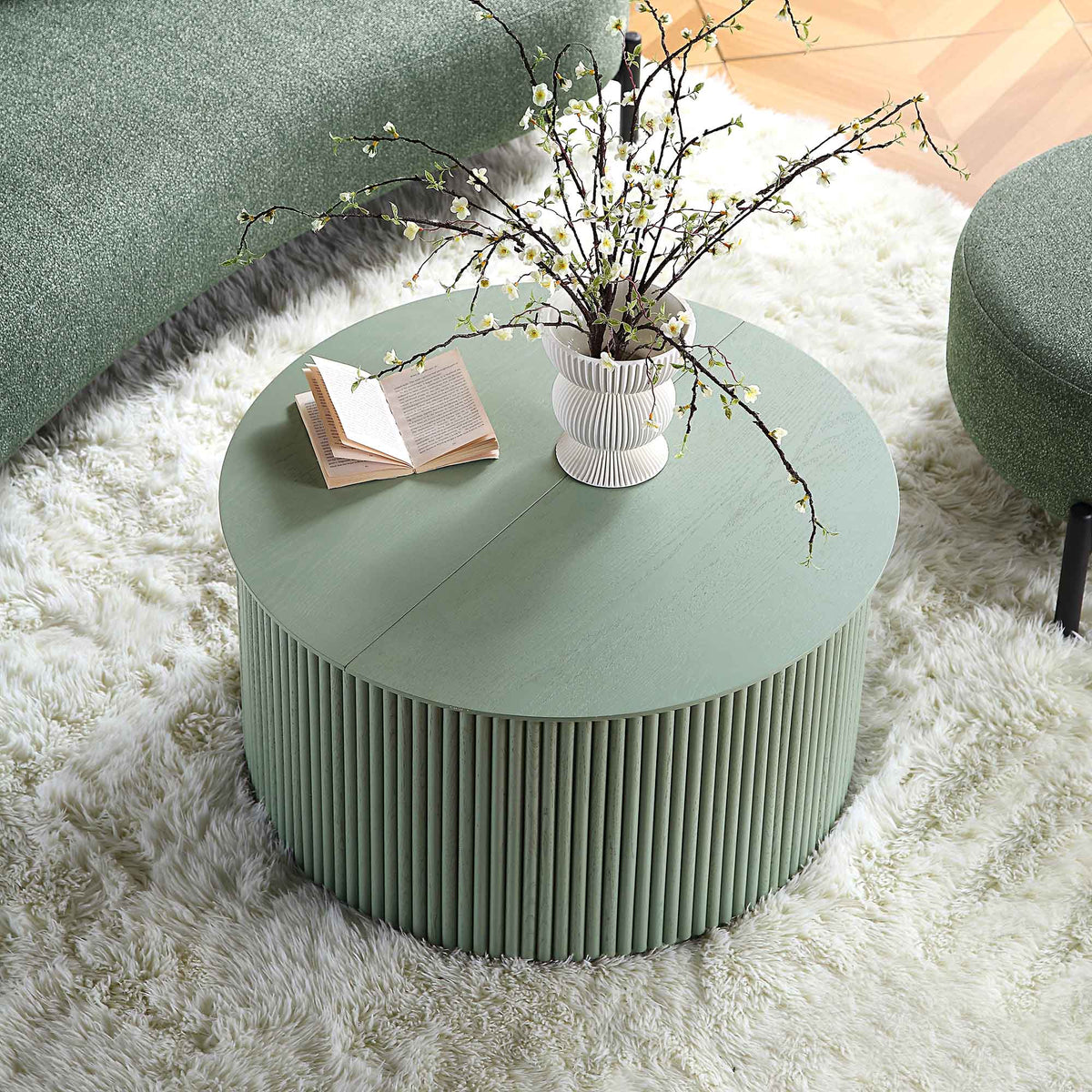 Maru Oak Round Coffee Table with Storage, Sage Green | daals.com