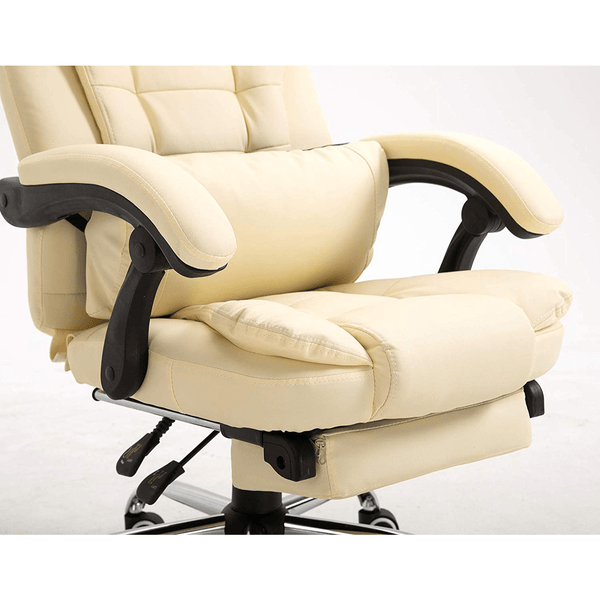 Executive Reclining Computer Desk Chair with Footrest, Headrest and Lumbar Cushion Support Furniture, MR34 Cream PU Leather - daals