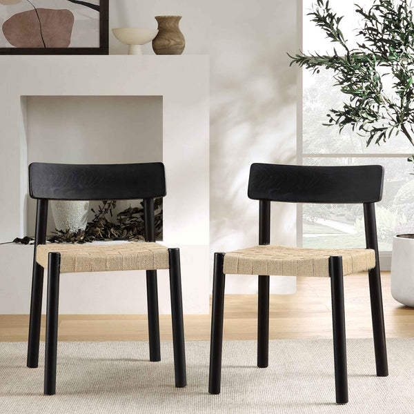Ditton Set of 2 Elm Wood and Jute Dining Chairs, Black