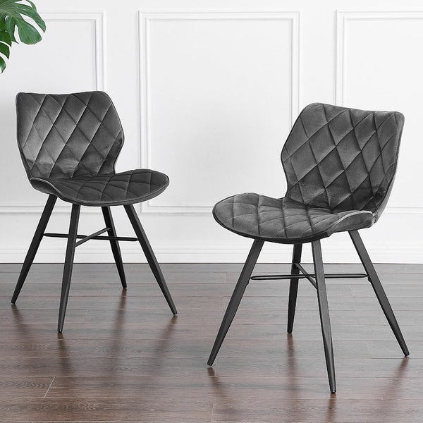Ampney Velvet Diamond Stitch Set of 2 Dining Chairs with Metal Legs (Dark Grey Velvet)