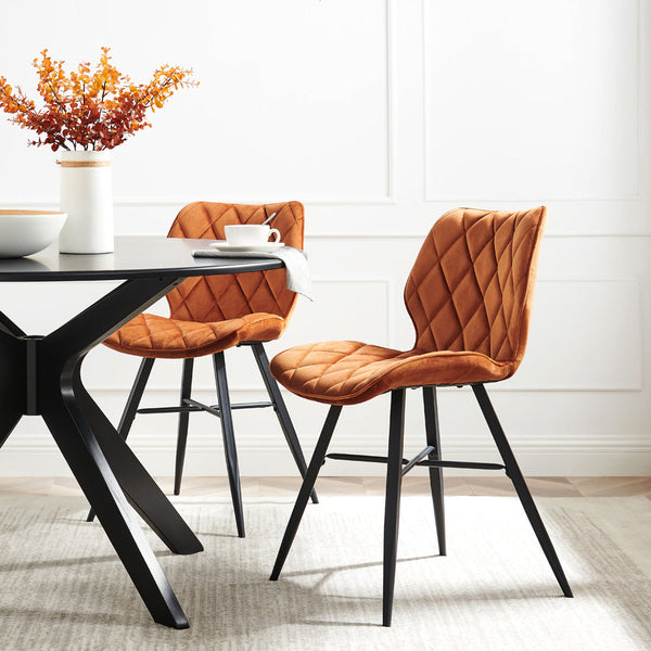 Ampney Diamond Stitch Orange Velvet Dining Chair Set of 2 with Metal Legs