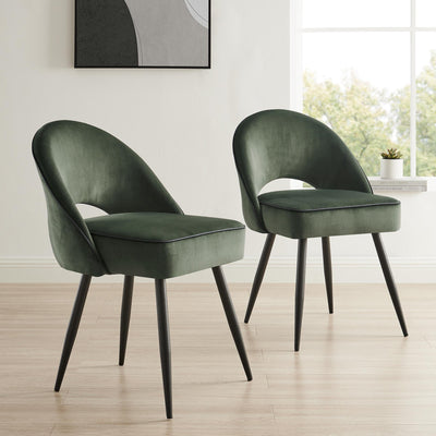 Oakley Set of 2 Dark Green Velvet Upholstered Dining Chairs with Contrast Piping