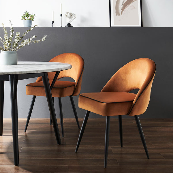 Oakley Set of 2 Orange Velvet Upholstered Dining Chairs with Contrast Piping