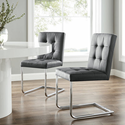 Keyston Set of 2 Dark Gray PU Leather Upholstered Dining Chairs with Chrome Legs