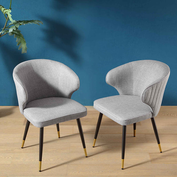 Langham Set of 2 Gray Woven Fabric Carver Dining Chairs with Fluted Back