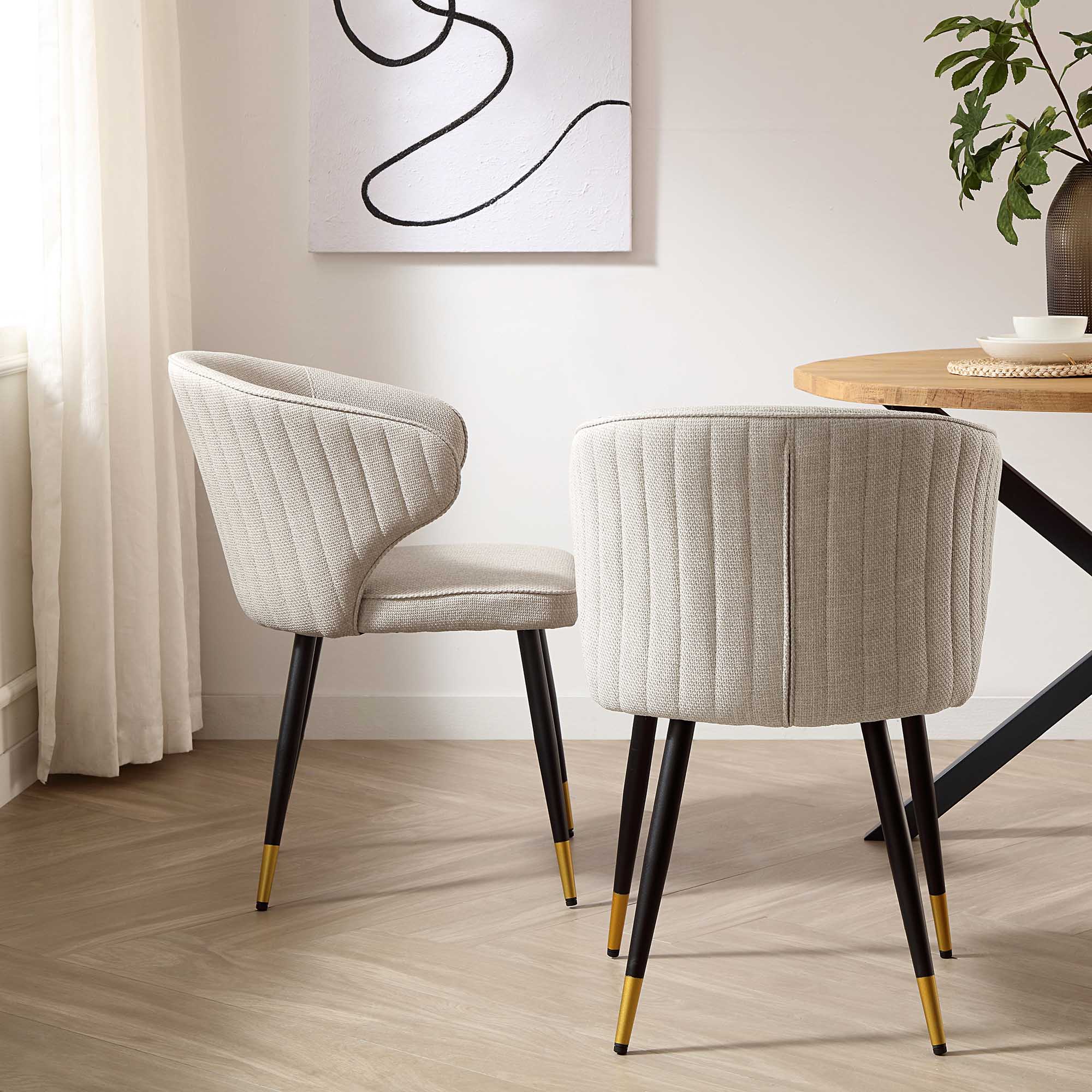 Langham Set of 2 Oatmeal Woven Fabric Carver Dining Chairs with Fluted ...
