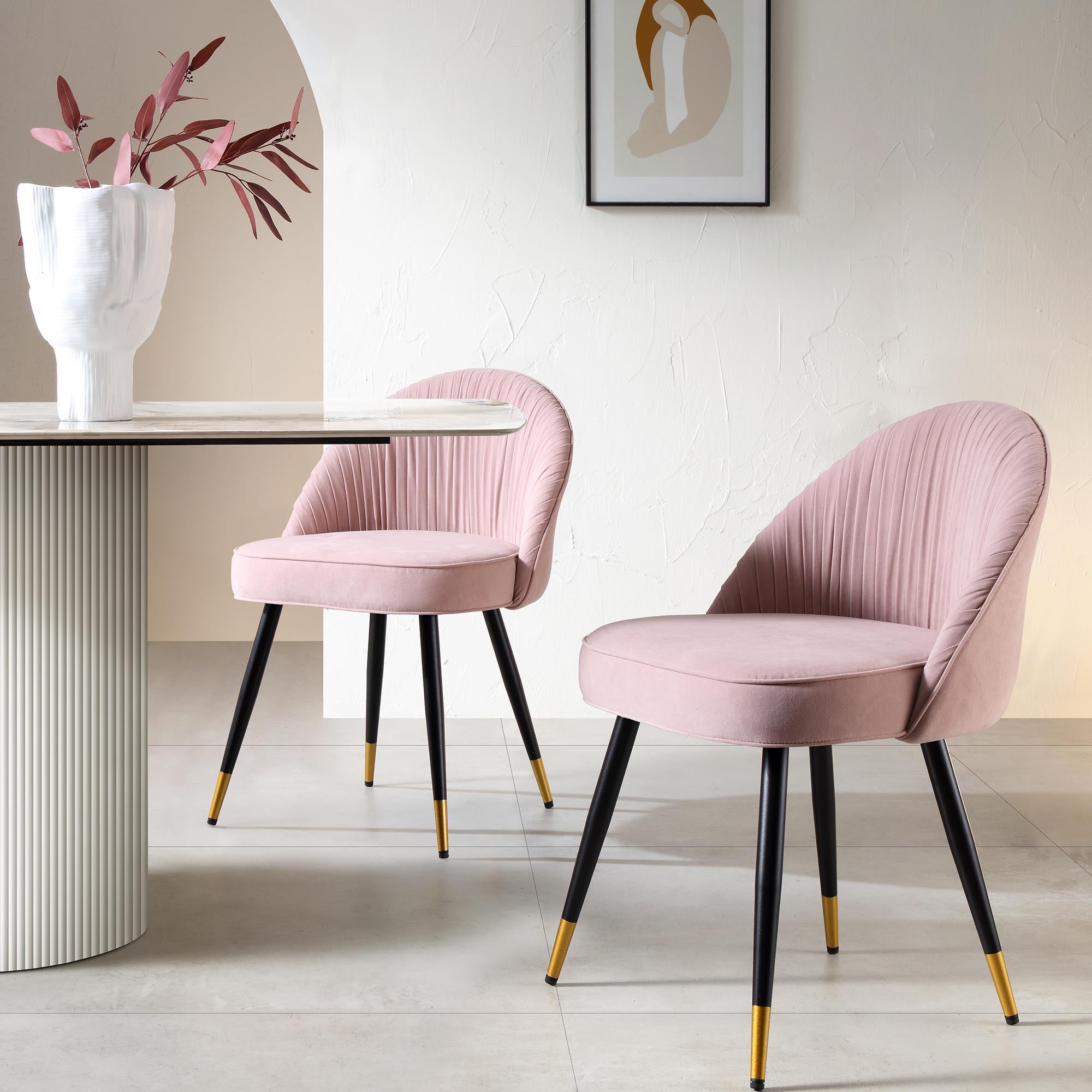 Miyae Set of 2 Pleated Pale Pink Velvet Upholstered Dining Chairs ...