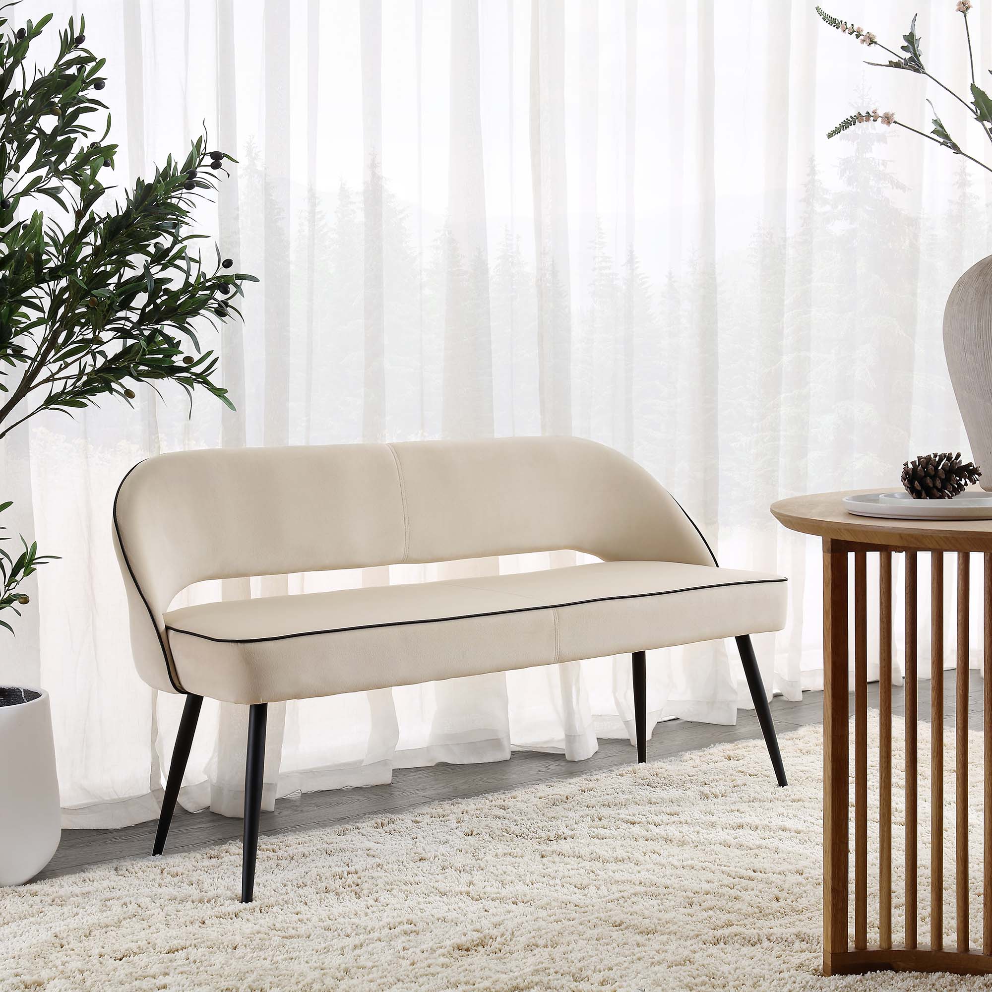 Oakley Champagne Velvet Upholstered 3 Seater Dining Bench with Contrast Piping