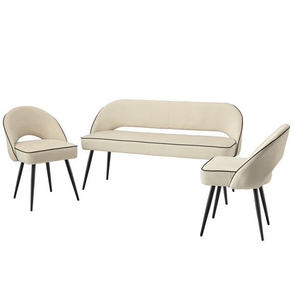 Oakley Champagne Velvet Upholstered 3 Seater Dining Bench with Contrast Piping
