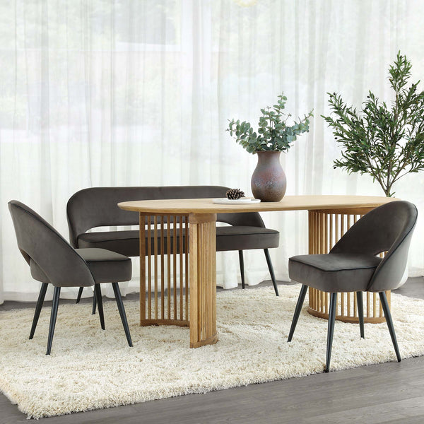 Oakley Dark Gray Velvet Upholstered 3 Seater Dining Bench with Contrast Piping