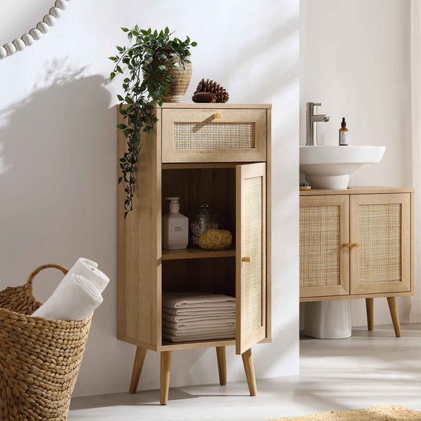 Frances Woven Rattan 1-Door Bathroom Cabinet, Natural