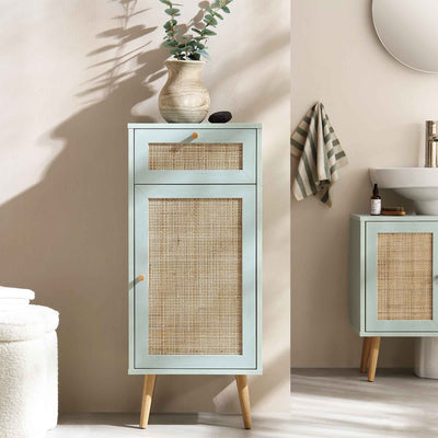 Frances Woven Rattan 1-Door Bathroom Cabinet, Mint
