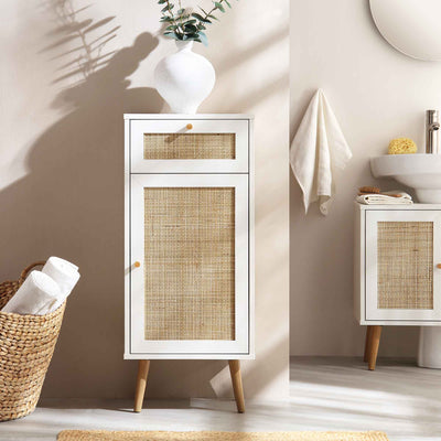 Frances Woven Rattan 1-Door Bathroom Cabinet, White