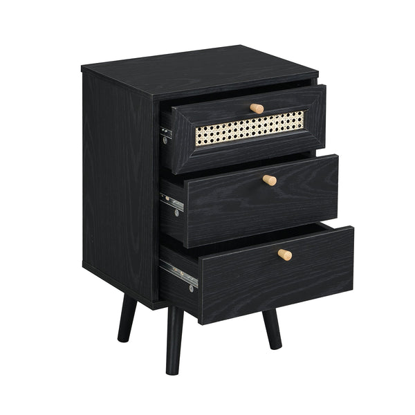 Anya Woven Rattan 3-Drawer Nightstand in Black