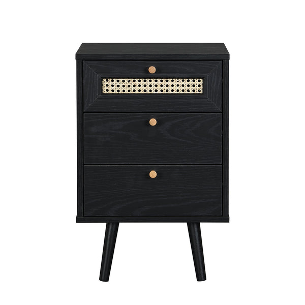 Anya Woven Rattan 3-Drawer Nightstand in Black