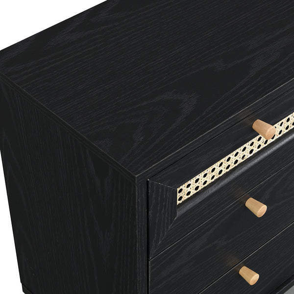 Anya Woven Rattan 3-Drawer Nightstand in Black