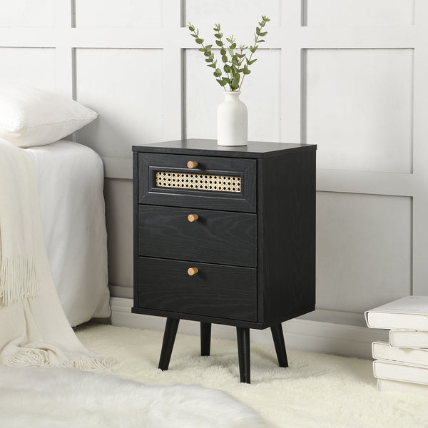 Anya Woven Rattan 3-Drawer Nightstand in Black