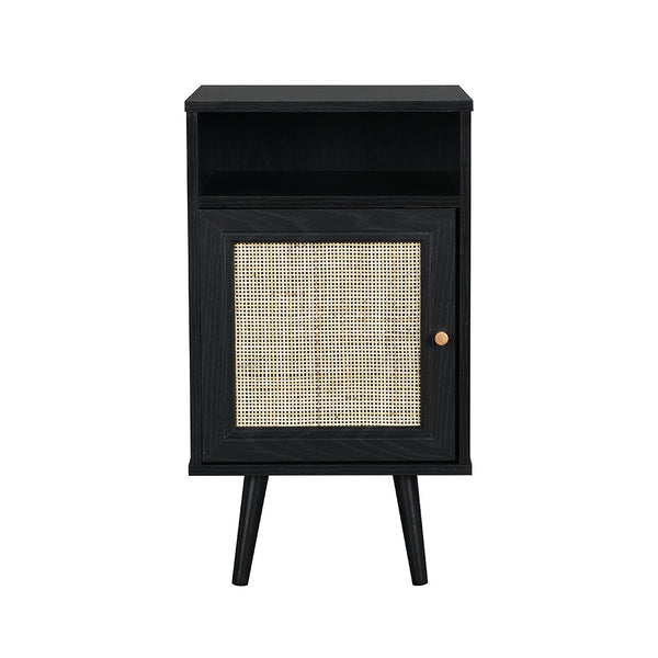 Frances Woven Rattan 1-Door Nightstand in Black