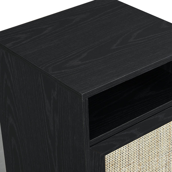 Frances Woven Rattan 1-Door Nightstand in Black