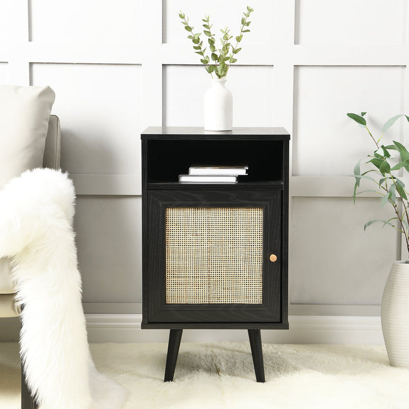 Frances Woven Rattan 1-Door Nightstand in Black