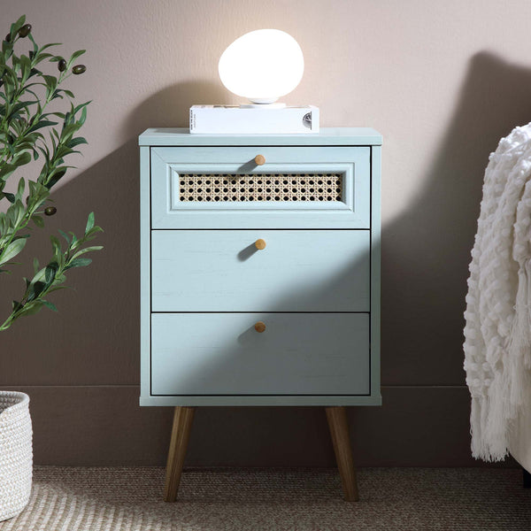 Anya Woven Rattan 3-Drawer Nightstand in Mint