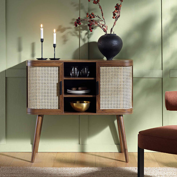   Baca 33㎝ラウンドディッシュ（右） Izzy Curved Rattan 2-Door Buffet Sideboard, Walnut | daals.com