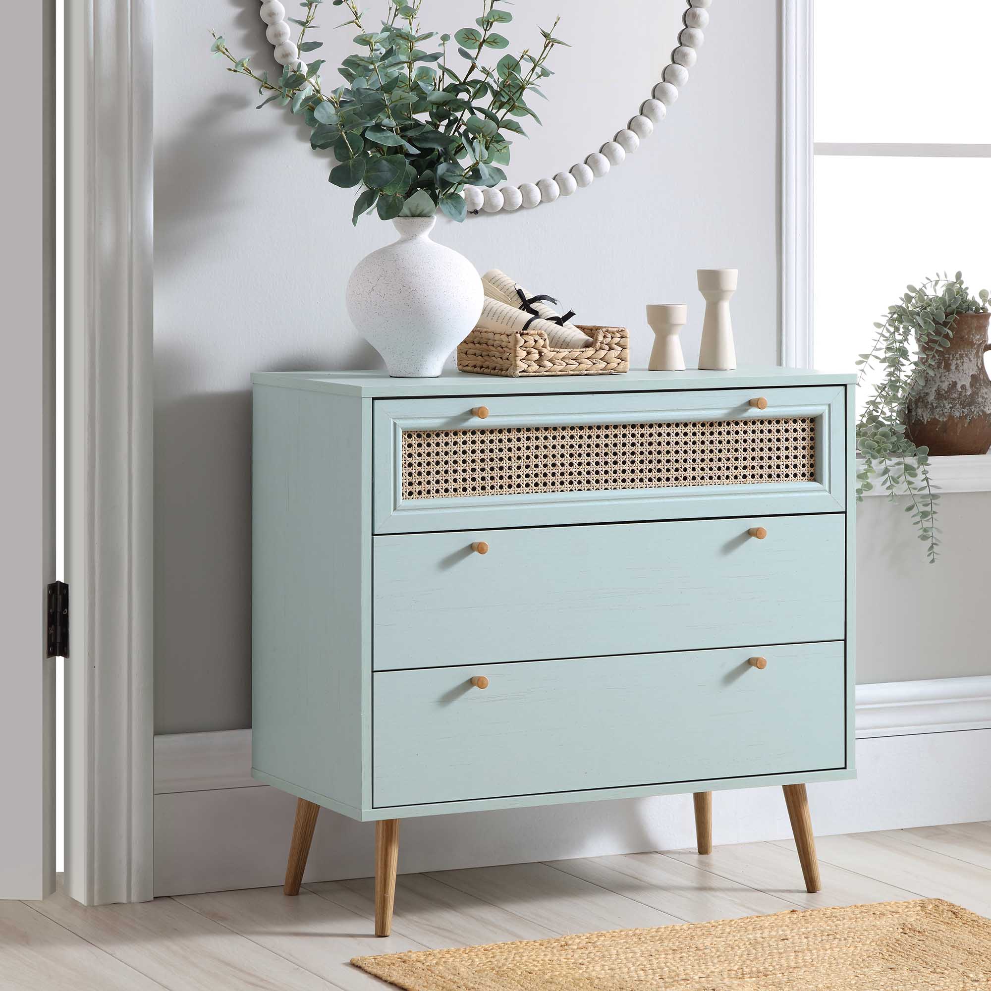 Anya Woven Rattan 3 Drawer Dresser in Mint - daals Anya Woven Rattan 3 Drawer Dresser in Mint - daals