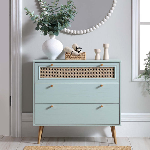 Anya Woven Rattan 3 Drawer Dresser in Mint