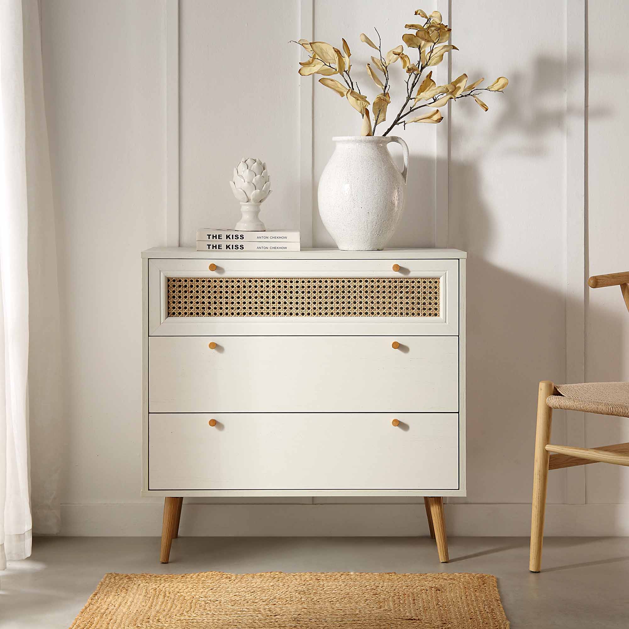 Anya Woven Rattan 3 Drawer Dresser in White - daals Anya Woven Rattan 3 Drawer Dresser in White - daals