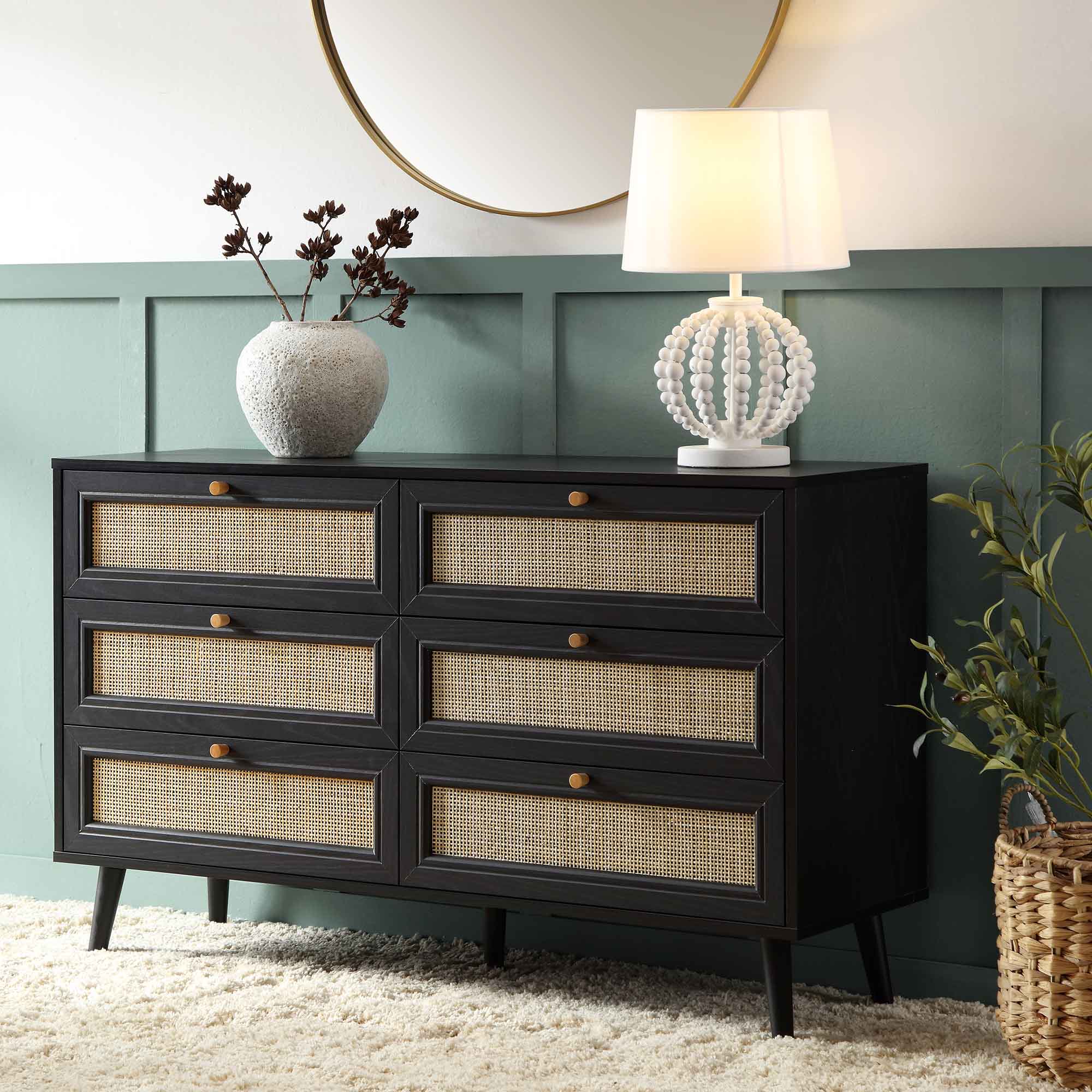 Frances Woven Rattan 6 Drawer Dresser, Black Frances Woven Rattan 6 Drawer Dresser, Black