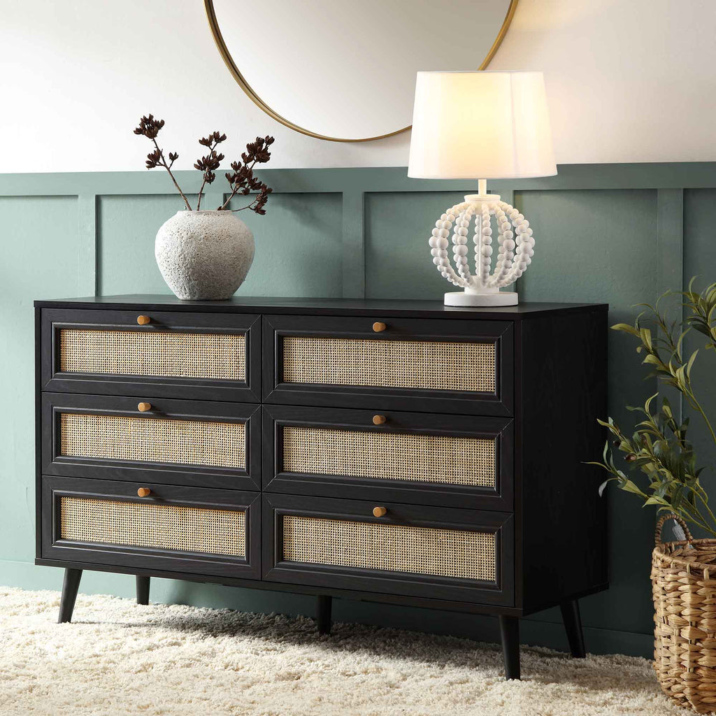 Frances Woven Rattan 6 Drawer Dresser, Black