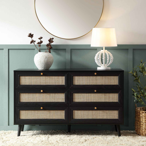 Frances Woven Rattan 6 Drawer Dresser, Black