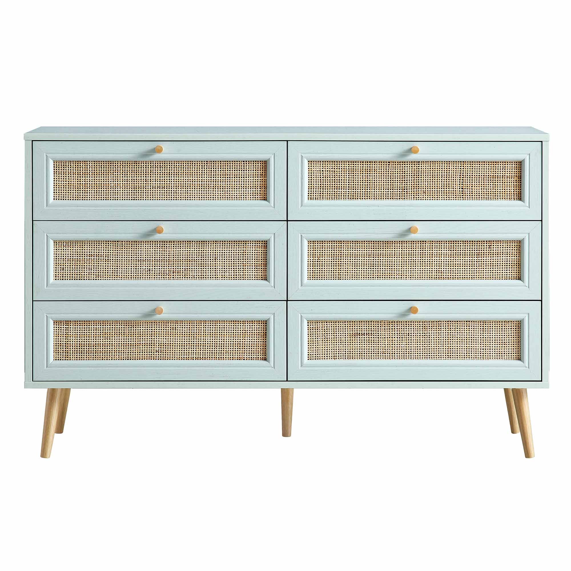 blue rattan dresser David Francis Furniture Pencil Rattan Six-Drawer Dresser Customizable Coastal Storage
