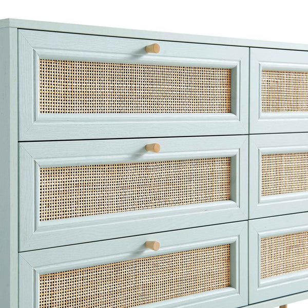 Frances Woven Rattan 6 Drawer Dresser, Mint