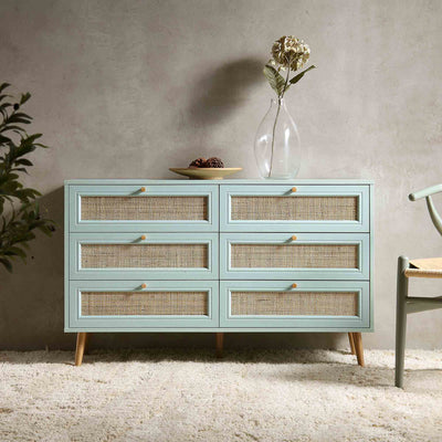 Frances Woven Rattan 6 Drawer Dresser, Mint